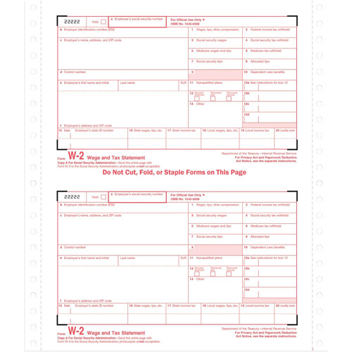 TOPS W 2 Tax Forms for Dot Matrix Printers/Typewriters, 4 Part, 24 Sets/Pack