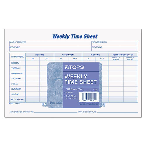 TOPS Weekly Time Sheets, 5.5 x 8.5, 1/Page, 50 Forms/Pad, 2 Pads/Pack