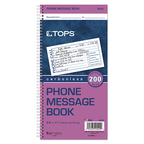 TOPS Spiralbound Message Book, Two-Part Carbonless, 2.75 x 5, 4/Page, 200 Forms