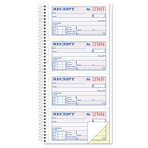 TOPS Money/Rent Receipt Spiral Book, Two-Part Carbonless, 2.75 x 4.75, 4/Page, 200 Forms