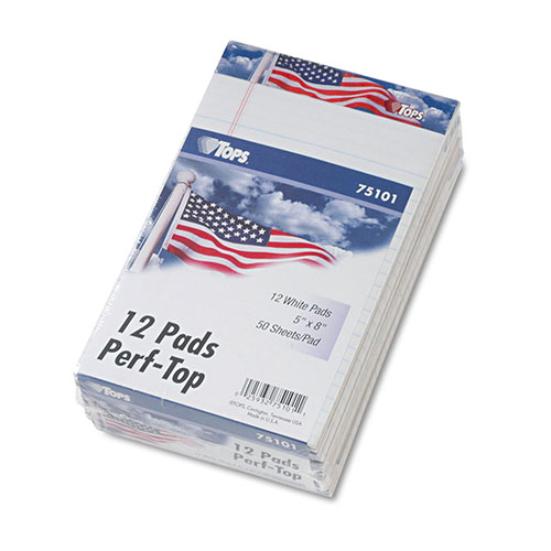 TOPS American Pride Writing Pad, Narrow Rule, Red/White/Blue Headband, 50 White 5 x 8 Sheets, 12/Pack