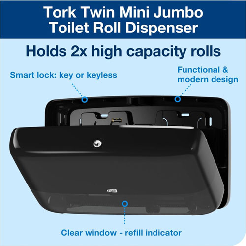Tork Twin Mini Jumbo Toilet Paper Roll Dispenser Black T2 - Twin Mini Jumbo Toilet Paper Roll Dispenser Black T2, Elevation Range, 5555290