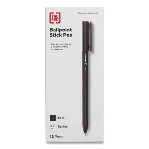 TRU RED™ Ballpoint Pen, Stick, Fine 0.7 mm, Black Ink, Black Barrel, Dozen