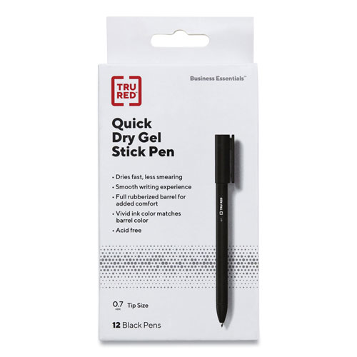 TRU RED™ Quick Dry Gel Pen, Stick, Medium 0.7 mm, Black Ink, Black Barrel, Dozen