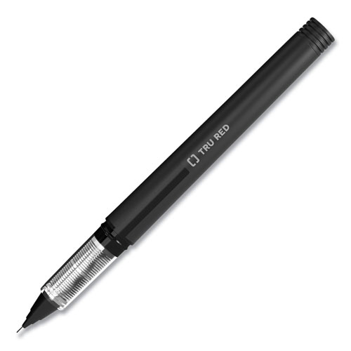 TRU RED™ Roller Ball Pen, Stick, Fine 0.5 mm Needle Tip, Black Ink, Black Barrel, Dozen