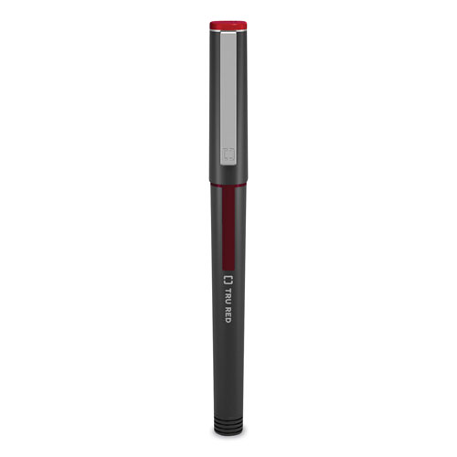 TRU RED™ Roller Ball Pen, Stick, Fine 0.5 mm, Red Ink, Black Barrel, Dozen