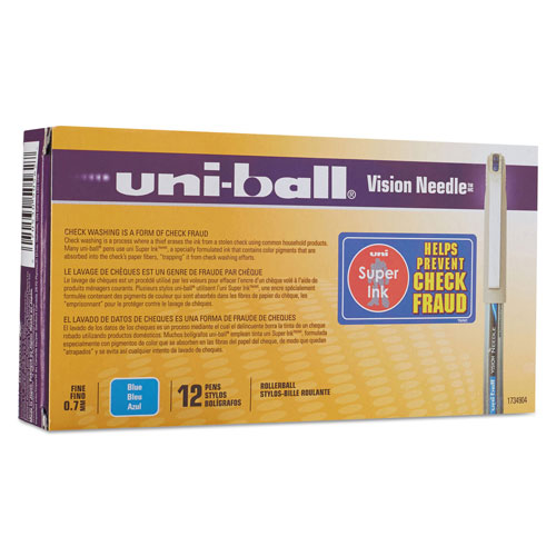Uni-Ball VISION Needle Stick Roller Ball Pen, Fine 0.7mm, Blue Ink, Silver Barrel, Dozen