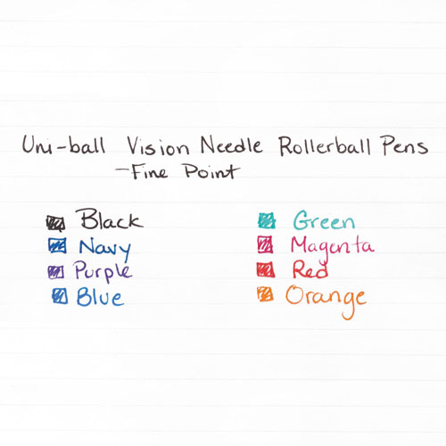 Uni-Ball VISION Needle Stick Roller Ball Pen, Fine 0.7mm, Assorted Ink, Silver Barrel, 8/Set