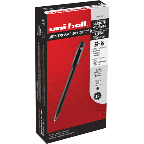Uni-Ball Jetstream 101 Ballpoint Pen - Medium Pen Point - 1 mm Pen Point Size - Black Gel-based Ink - Black Barrel - 1 Dozen