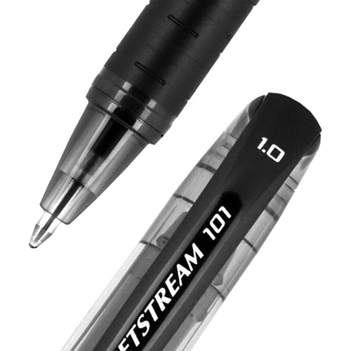 Uni-Ball Jetstream 101 Roller Ball Pen, Stick, Bold 1 mm, Black Ink, Black Barrel, Dozen