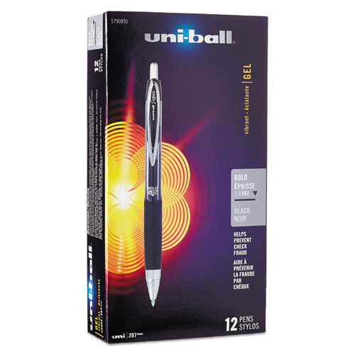 Uni-Ball Signo 207 Retractable Gel Pen, 1mm, Black Ink, Translucent Black Barrel, Dozen