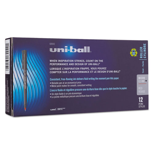 Uni-Ball ONYX Stick Roller Ball Pen, Micro 0.5mm, Red Ink, Black Matte Barrel, Dozen