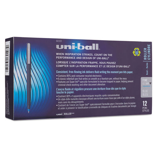 Uni-Ball Stick Roller Ball Pen, Fine 0.7mm, Blue Ink, Black Matte Barrel, Dozen