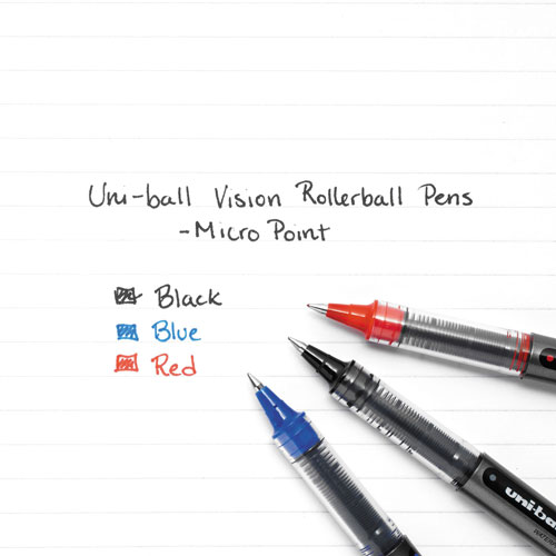 Uni-Ball VISION Stick Roller Ball Pen, Micro 0.5mm, Blue Ink, Blue/Gray Barrel, Dozen