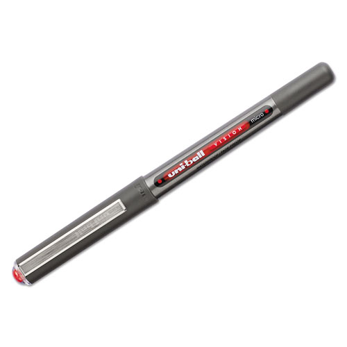 Uni-Ball VISION Stick Roller Ball Pen, Micro 0.5mm, Red Ink, Gray/Red Barrel, Dozen