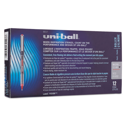 Uni-Ball VISION Stick Roller Ball Pen, Micro 0.5mm, Red Ink, Gray/Red Barrel, Dozen