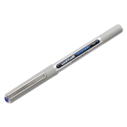 Uni-Ball VISION Stick Roller Ball Pen, Fine 0.7mm, Blue Ink, Blue/Gray Barrel, Dozen