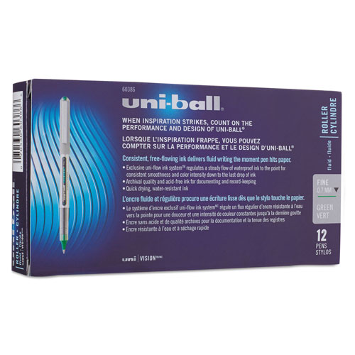Uni-Ball VISION Stick Roller Ball Pen, Fine 0.7mm, Evergreen Ink, Gray Barrel, Dozen