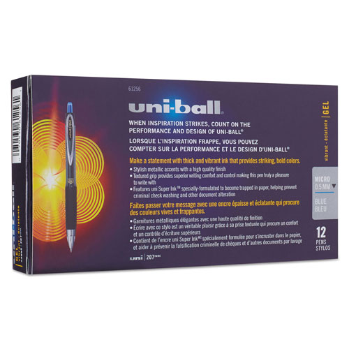 Uni-Ball Signo 207 Retractable Gel Pen, Micro 0.5mm, Blue Ink, Smoke/Black/Blue Barrel, Dozen