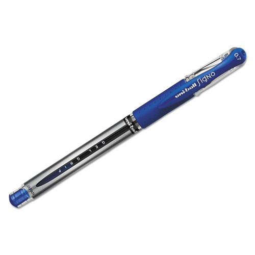 Uni-Ball Signo GRIP Stick Gel Pen, Medium 0.7mm, Blue Ink, Silver/Blue Barrel, Dozen