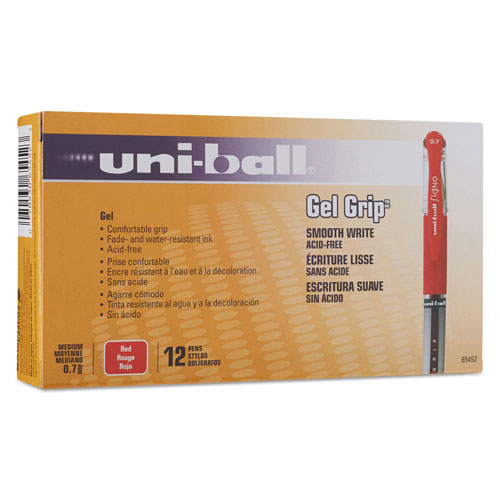 Uni-Ball Signo GRIP Stick Gel Pen, Medium 0.7mm, Red Ink, Silver/Red Barrel, Dozen