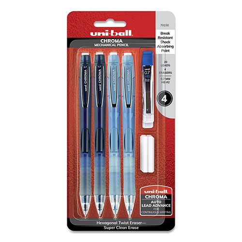 Uni-Ball Chroma Mechanical Pencil woth Leasd and Eraser Refills, 0.7 mm, HB (#2), Black Lead, Assorted Barrel Colors, 4/Set