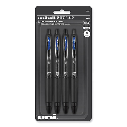 Uni-Ball 207 Plus+ Gel Pen, Retractable, Medium 0.7 mm, Blue Ink, Black Barrel, 4/Pack