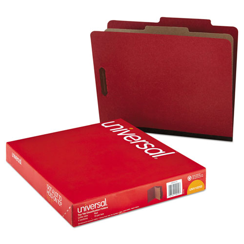Universal Four-Section Pressboard Classification Folders, 1 Divider, Letter Size, Red, 10/Box
