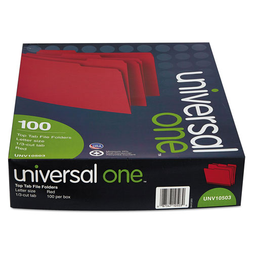 Universal Deluxe Colored Top Tab File Folders, 1/3-Cut Tabs, Letter Size, Red/Light Red, 100/Box