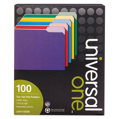 Universal Deluxe Colored Top Tab File Folders, 1/3-Cut Tabs, Letter Size, Assorted, 100/Box