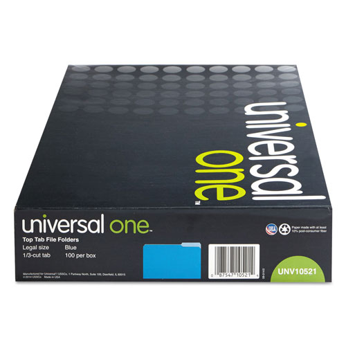 Universal Deluxe Colored Top Tab File Folders, 1/3-Cut Tabs, Legal Size, Blue/Light Blue, 100/Box