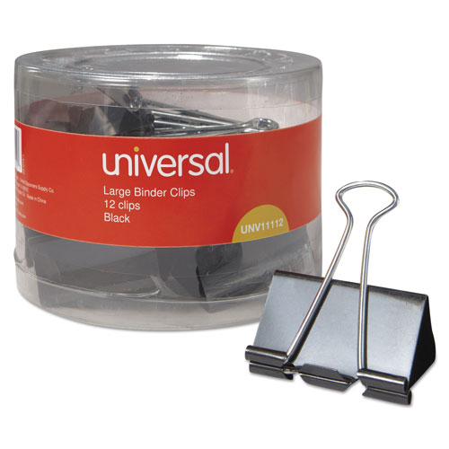Universal Binder Clips in Dispenser Tub, Large, Black/Silver, 12/Pack