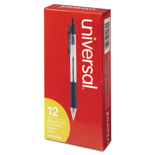 Universal Comfort Grip Ballpoint Pen, Retractable, Medium 1 mm, Black Ink, Clear Barrel, Dozen