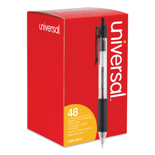 Universal Comfort Grip Ballpoint Pen, Retractable, Medium 1 mm, Black Ink, Clear Barrel, 48/Pack