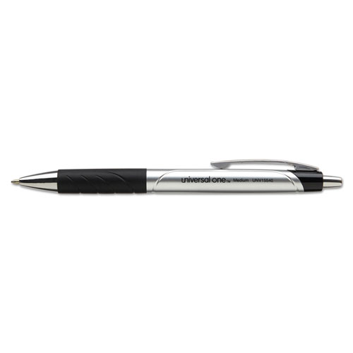 Universal Comfort Grip Ballpoint Pen, Retractable, Medium 1 mm, Black Ink, Silver Barrel, Dozen