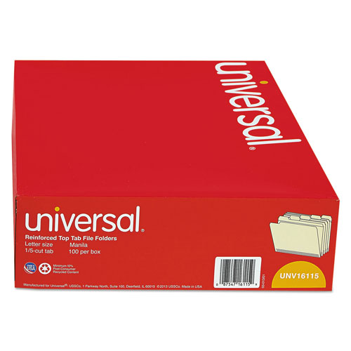 Universal Double-Ply Top Tab Manila File Folders, 1/5-Cut Tabs: Assorted, Letter Size, 0.75