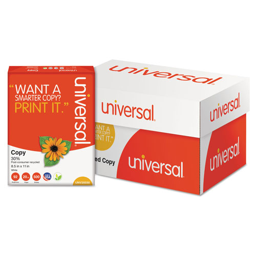 Universal 30% Recycled Copy Paper, 92 Bright, 20 lb Bond Weight, 8.5 x 11, White, 500 Sheets/Ream, 10 Reams/Carton, 40 Cartons/Pallet