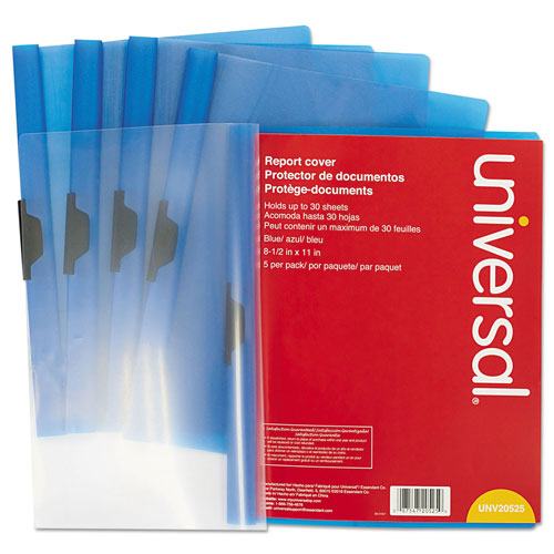 Universal Plastic Report Cover w/Clip, Letter, Holds 30 Pages, Clear/Blue, 5/PK