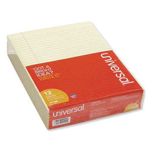 Universal Glue Top Pads, Wide/Legal Rule, 8.5 x 11, Canary, 50 Sheets, Dozen