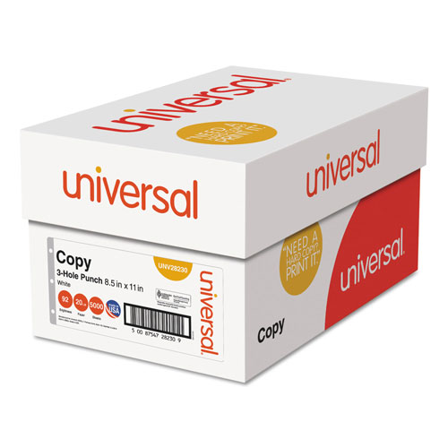 Universal Copy Paper, 92 Bright, 3-Hole, 20lb, 8.5 x 11, White, 500 Sheets/Ream, 10 Reams/Carton