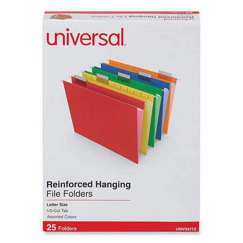 Universal Deluxe Reinforced Recycled Hanging File Folders, Letter Size, 1/5-Cut Tabs, Assorted, 25/Box