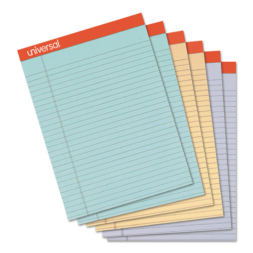 Universal Perforated Writing Pads, Wide/Legal Rule, 8.5 x 11.75, Assorted Sheet Colors, 50 Sheets, 6/Pack