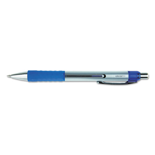 Universal Enterprises Comfort Grip Gel Pen, Retractable, Medium 0.7 mm, Blue Ink, Silver Barrel, Dozen