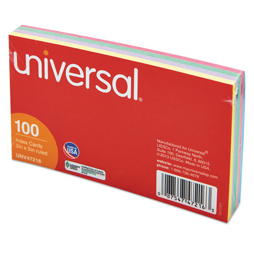 Universal Index Cards, Ruled, 3 x 5, Assorted, 100/Pack