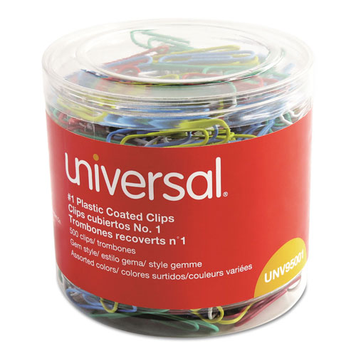 Universal Plastic-Coated Paper Clips with One-Compartment Storage Tub, #1, Assorted Colors, 500/Pack