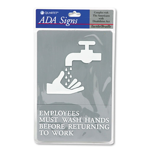 Quartet® ADA Sign, EMPLOYEES MUST WASH HANDS... Tactile Symbol/Braille, 6 x 9, Gray