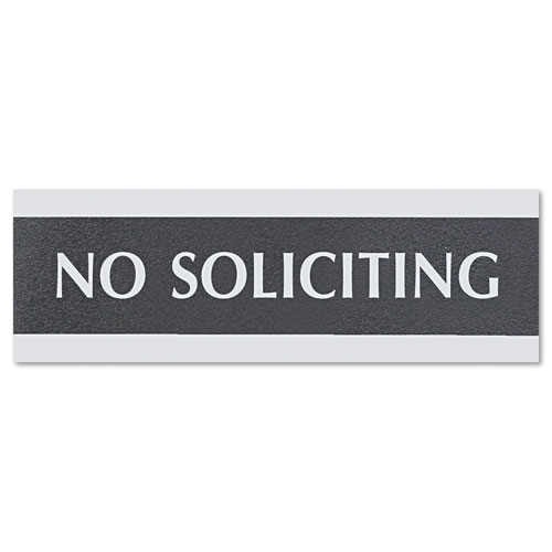 U.S. Stamp & Sign Century Series Office Sign, NO SOLICITING, 9 x 3, Black/Silver