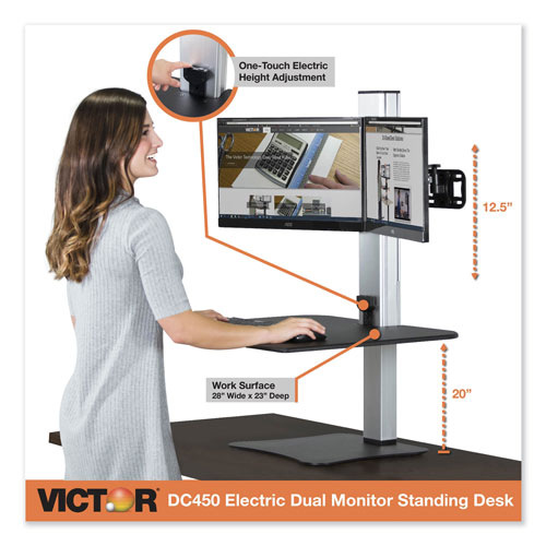 Victor DC450 High Rise Electric Dual Monitor Standing Desk Workstation, 28w x 23d x 20.25h, Black/Aluminum
