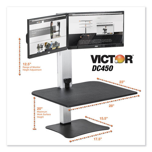 Victor DC450 High Rise Electric Dual Monitor Standing Desk Workstation, 28w x 23d x 20.25h, Black/Aluminum