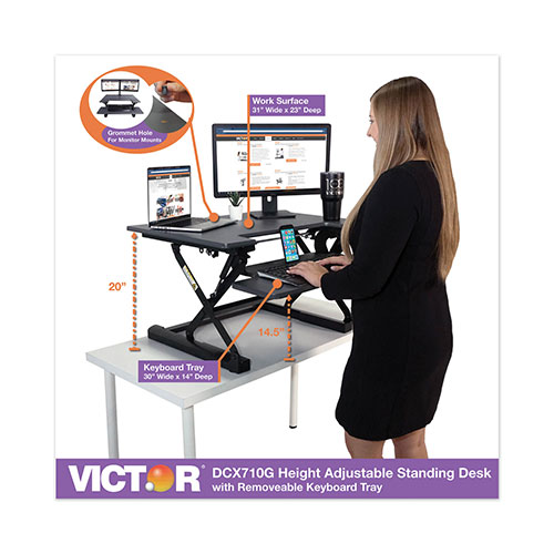 Victor High Rise Height Adjustable Standing Desk with Keyboard Tray, 31w x 31.25d x 20h, Gray/Black